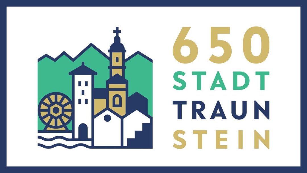 Stilisierte Darstellung von Traunsteins Kirche, einer Treppe und dem Salinenpark in grün, weiß und braun