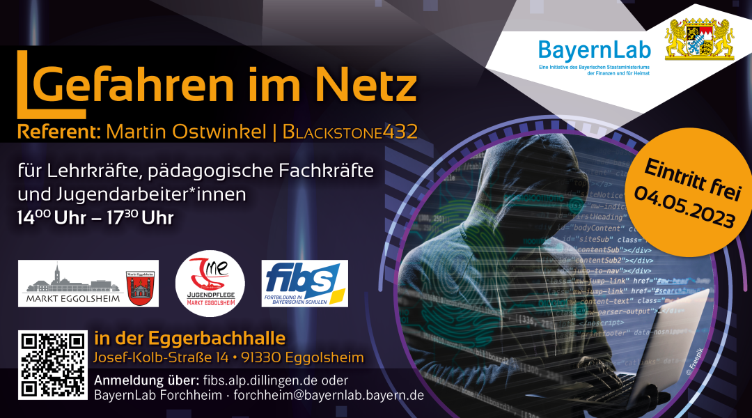Graphik zu der Veranstaltung Gefahren im Netz mit dem Referenten Martin Ostwinkel von Blackstone432. Der Hintergrund ist schwarz, in einem lila umrahmten Kreis befindet sich ein Bild von einem Hacker mit dunklem Kapuzenpulli und Laptop in der Hand. Darüber gelegt sind die Zeilen eines Programmiercodes. Rechts oben befindet sich das BayernLab Logo - Eine Initiative des Bayrischen Staatsministeriums der Finanzen und Heimat, mit dem bayrischen Staatswappen. Die genannten Daten zur Veranstaltung sind dem Text zu entnehmen. 