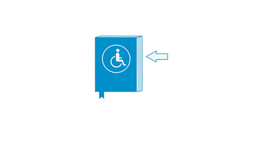 Ein Buch auf dem ein Rollstuhlfahrer abgebildet ist und ein Pfeil der ins Buch geht